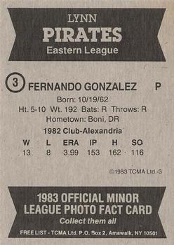 1983 TCMA Lynn Pirates #3 Fernando Gonzalez Back