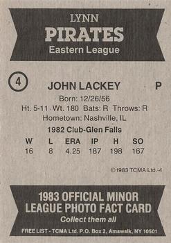 1983 TCMA Lynn Pirates #4 John Lackey Back
