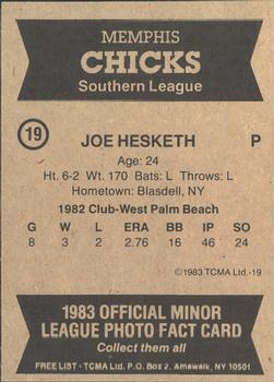 1983 TCMA Memphis Chicks #19 Joe Hesketh Back