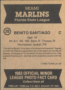 1983 TCMA Miami Marlins #20 Benito Santiago Back