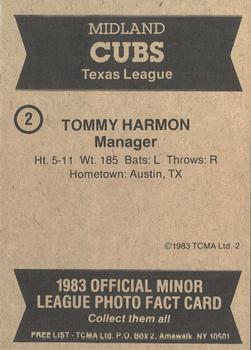 1983 TCMA Midland Cubs #2 Tommy Harmon Back