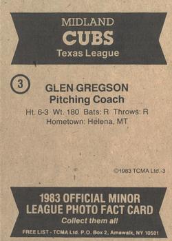 1983 TCMA Midland Cubs #3 Glen Gregson Back