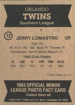 1983 TCMA Orlando Twins #12 Jerry Lomastro Back