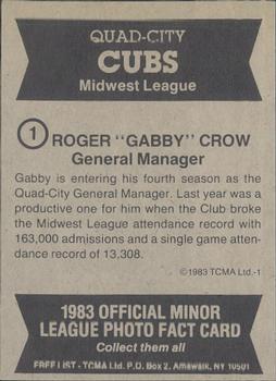 1983 TCMA Quad City Cubs #1 Roger Crow Back