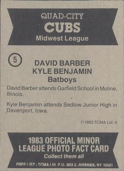 1983 TCMA Quad City Cubs #5 David Barber / Kyle Benjamin Back