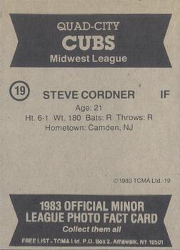 1983 TCMA Quad City Cubs #19 Steve Cordner Back