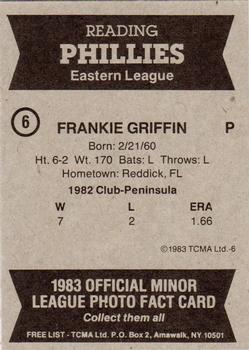 1983 TCMA Reading Phillies #6 Frankie Griffin Back