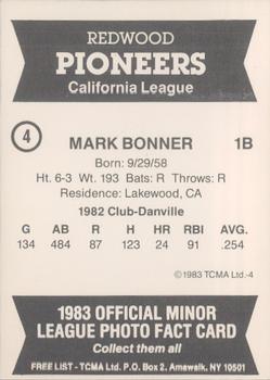 1983 TCMA Redwood Pioneers #4 Mark Bonner Back
