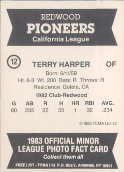 1983 TCMA Redwood Pioneers #12 Terry Harper Back