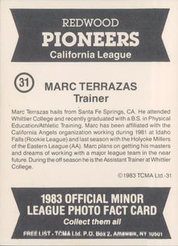 1983 TCMA Redwood Pioneers #31 Marc Terrazas Back