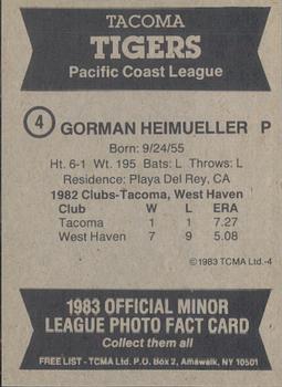1983 TCMA Tacoma Tigers #4 Gorman Heimueller Back