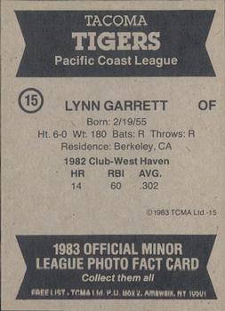 1983 TCMA Tacoma Tigers #15 Lynn Garrett Back