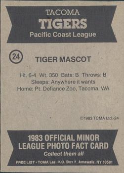 1983 TCMA Tacoma Tigers #24 Tiger Mascot Back