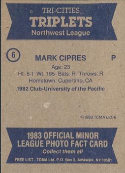1983 TCMA Tri-Cities Triplets #6 Mark Cipres Back