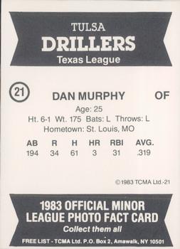 1983 TCMA Tulsa Drillers #21 Dan Murphy Back