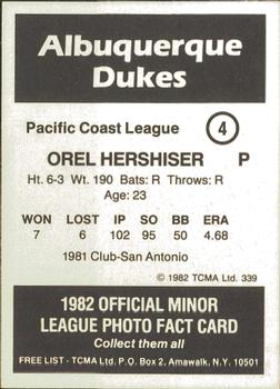 1982 TCMA Albuquerque Dukes #4 Orel Hershiser Back