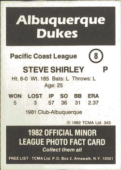 1982 TCMA Albuquerque Dukes #8 Steve Shirley Back
