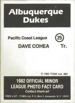 1982 TCMA Albuquerque Dukes #25 Dave Cohea Back