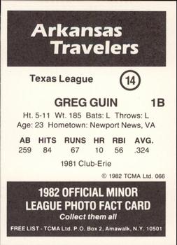 1982 TCMA Arkansas Travelers #14 Greg Guin Back