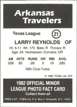 1982 TCMA Arkansas Travelers #21 Larry Reynolds Back