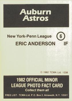 1982 TCMA Auburn Astros #6 Eric E. Anderson Back