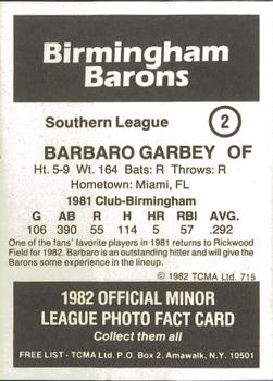 1982 TCMA Birmingham Barons #2 Barbaro Garbey Back