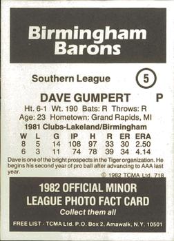 1982 TCMA Birmingham Barons #5 Dave Gumpert Back