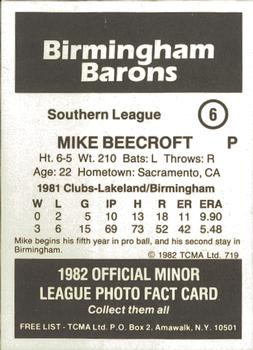1982 TCMA Birmingham Barons #6 Mike Beecroft Back