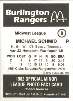 1982 TCMA Burlington Rangers #8 Michael Schmid Back