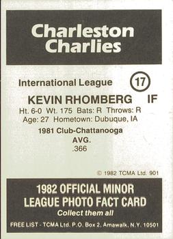 1982 TCMA Charleston Charlies #17 Kevin Rhomberg Back