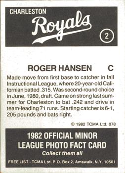 1982 TCMA Charleston Royals #2 Roger Hansen Back