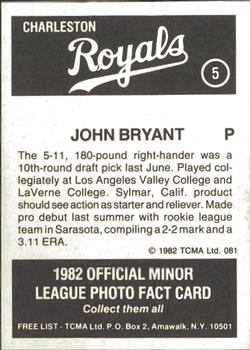 1982 TCMA Charleston Royals #5 John R. Bryant Back