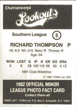 1982 TCMA Chattanooga Lookouts #5 Richard Thompson Back