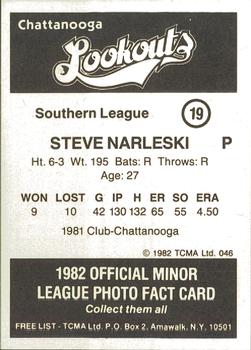 1982 TCMA Chattanooga Lookouts #19 Steve Narleski Back