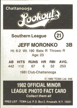 1982 TCMA Chattanooga Lookouts #21 Jeff Moronko Back