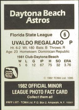 1982 TCMA Daytona Beach Astros #6 Uvaldo Regalado Back