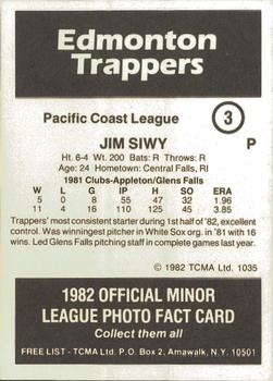 1982 TCMA Edmonton Trappers #3 Jim Siwy Back