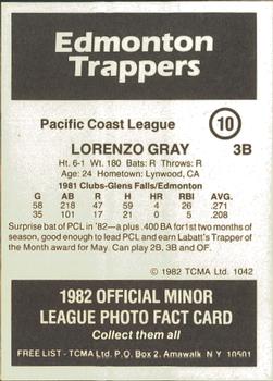 1982 TCMA Edmonton Trappers #10 Lorenzo Gray Back