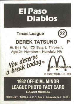 1982 TCMA El Paso Diablos #22 Derek Tatsuno Back