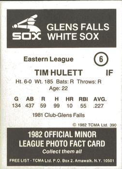 1982 TCMA Glens Falls White Sox #6 Tim Hulett Back