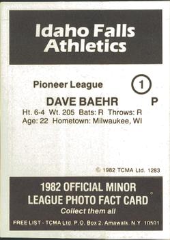 1982 TCMA Idaho Falls Athletics #1 Dave Baehr Back