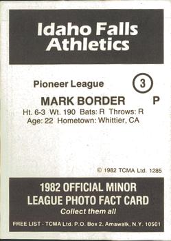 1982 TCMA Idaho Falls Athletics #3 Mark Border Back