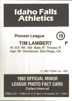 1982 TCMA Idaho Falls Athletics #10 Tim Lambert Back
