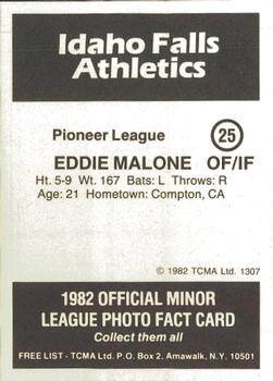 1982 TCMA Idaho Falls Athletics #25 Eddie Malone Back