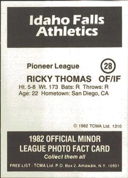 1982 TCMA Idaho Falls Athletics #28 Ricky Thomas Back