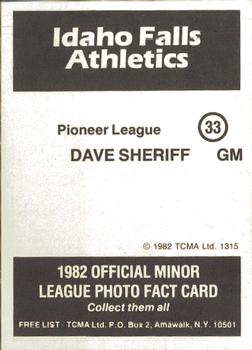 1982 TCMA Idaho Falls Athletics #33 Dave Sheriff Back