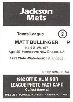 1982 TCMA Jackson Mets #2 Matt Bullinger Back