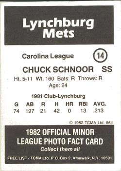 1982 TCMA Lynchburg Mets #14 Chuck Schnoor Back