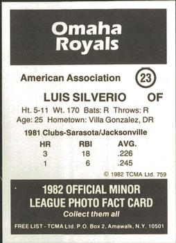 1982 TCMA Omaha Royals #23 Luis Silverio Back