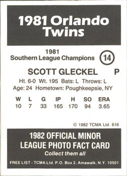 1982 TCMA Orlando Twins 81 SL Champs #14 Scott Gleckel Back